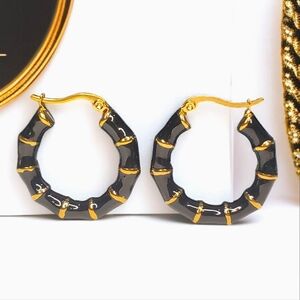 18k Gold Plated Bamboo Black Enamel Hoop Earrings